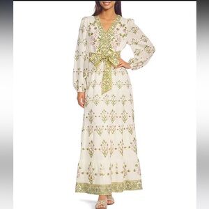 Cream and Green Long Sleeve Sundress with Bishop Sleeves